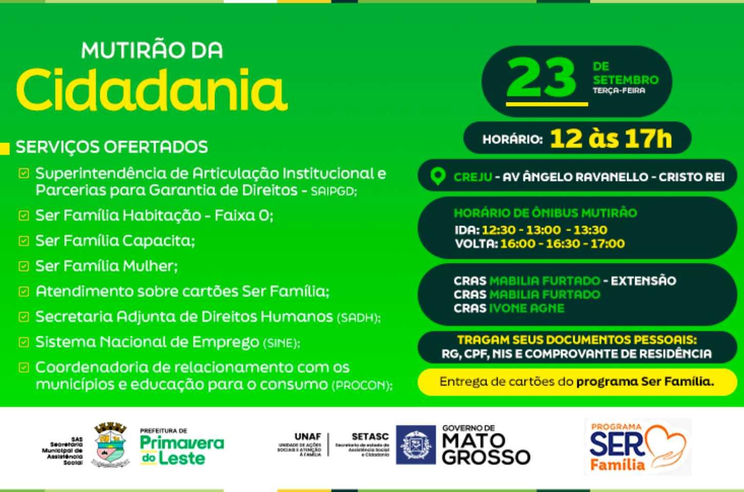 Mutirão da Cidadania em Primavera do Leste: 8 Serviços Gratuitos do Governo do Estado na Terça (23/9)